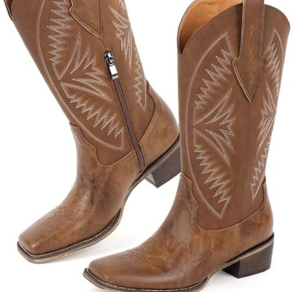 Women's Square Toe Western Cowgirl Cowboy Boots Mid Calf Brown - Picture 4 of 5